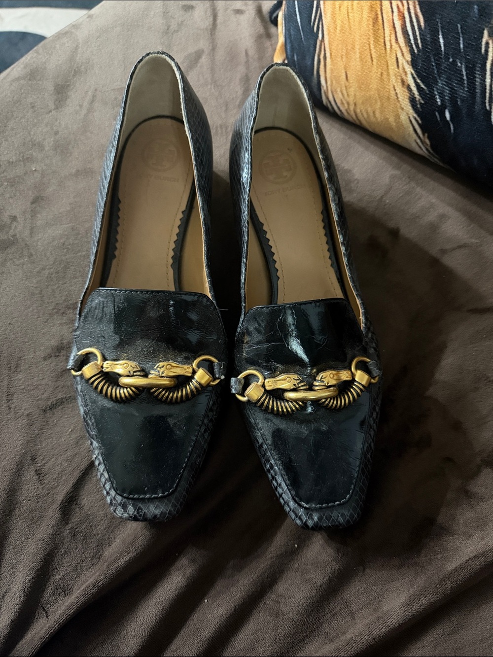 Tory Burch Black Patent Loafers with Gold Horsebit Detail